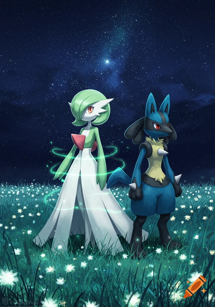 Gardevoir and Lucario stand in a field of glowing white flowers under a dark, starry night sky.