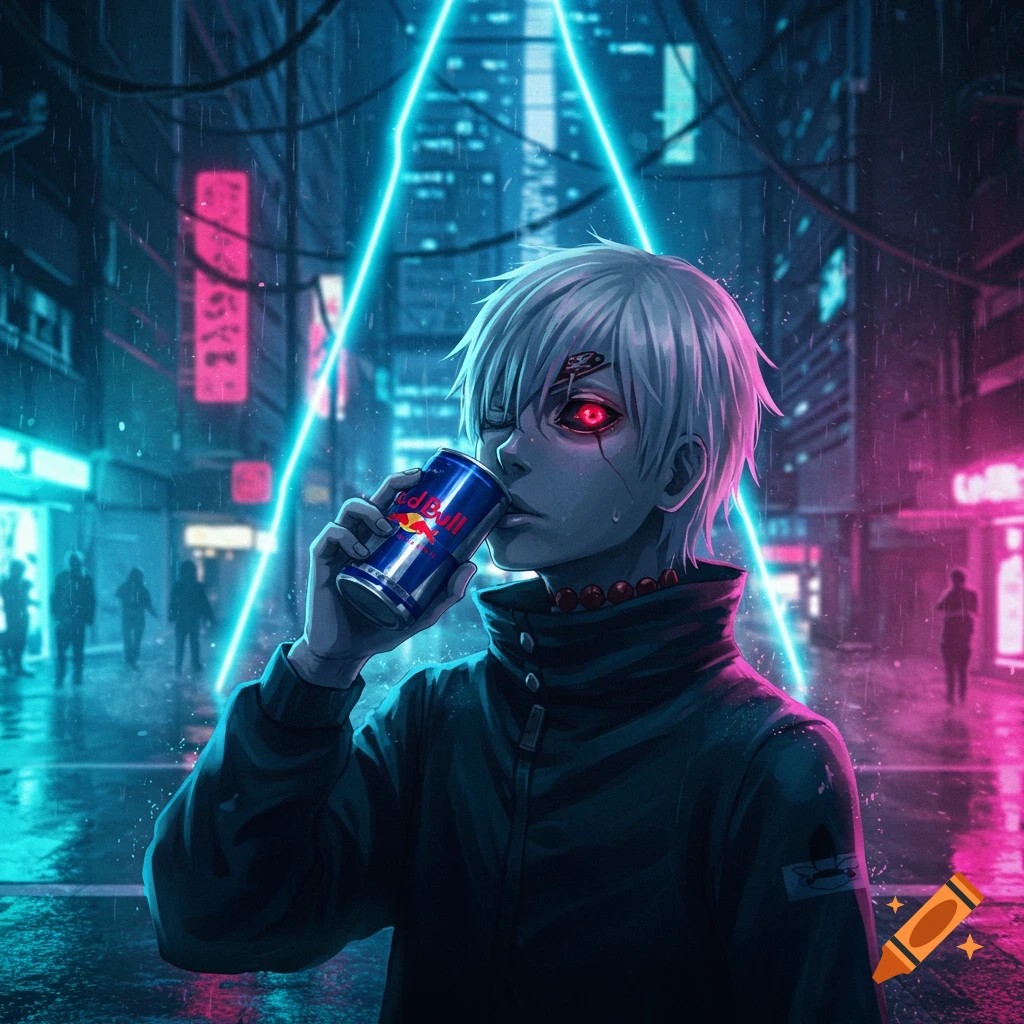 Anime character with white hair and red eyes drinking a Red Bull can in a neon-lit, rainy cyberpunk city.