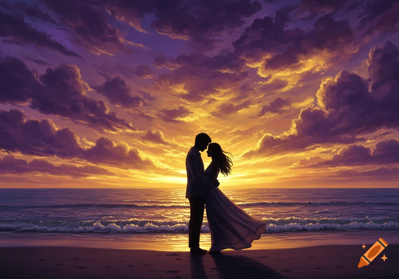 A silhouetted couple embraces on a beach at sunset, with a vibrant purple and gold sky reflecting on the water.