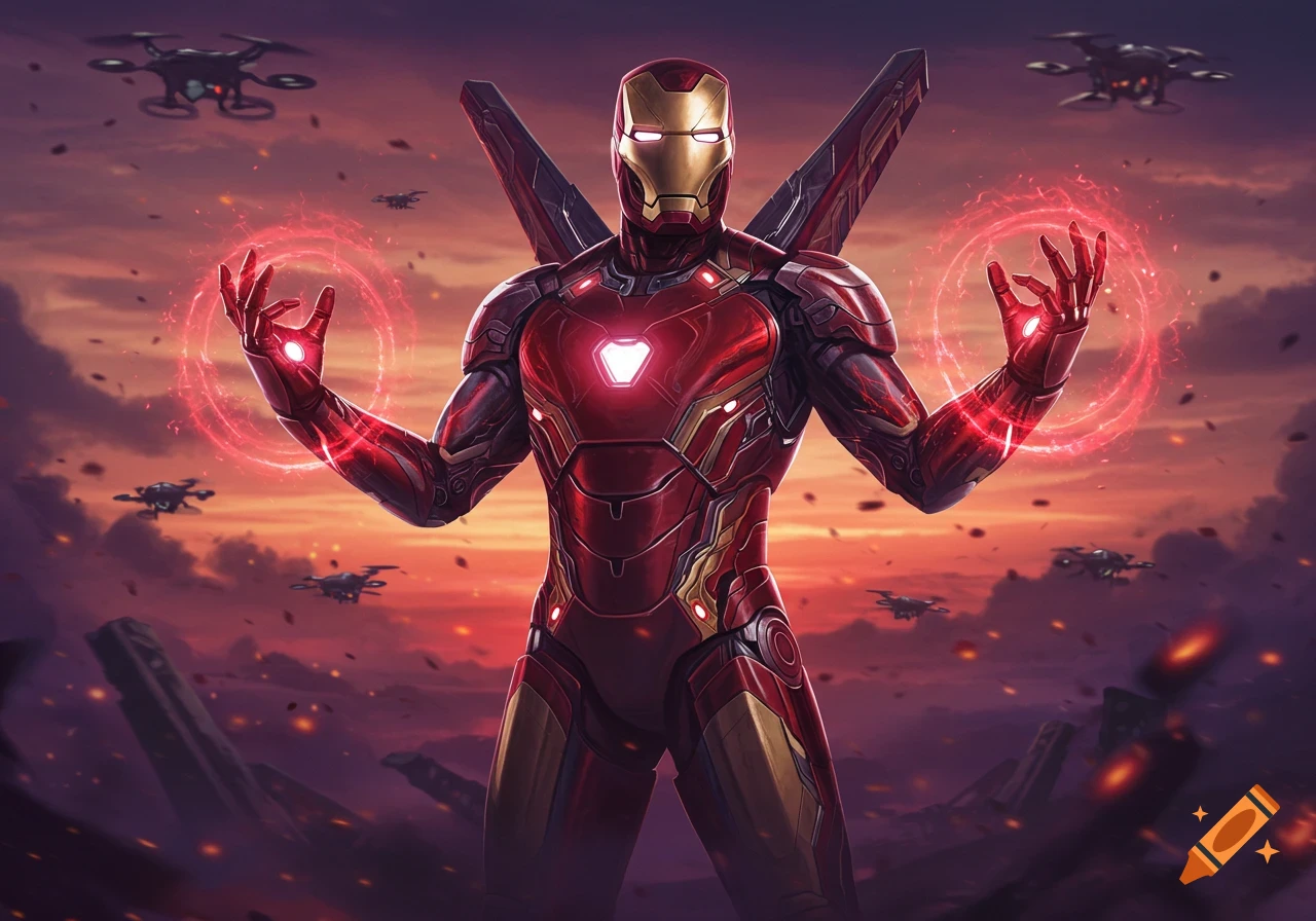 Iron Man stands with glowing red energy from his hands, surrounded by drones and debris under a fiery sky in a digital art style.