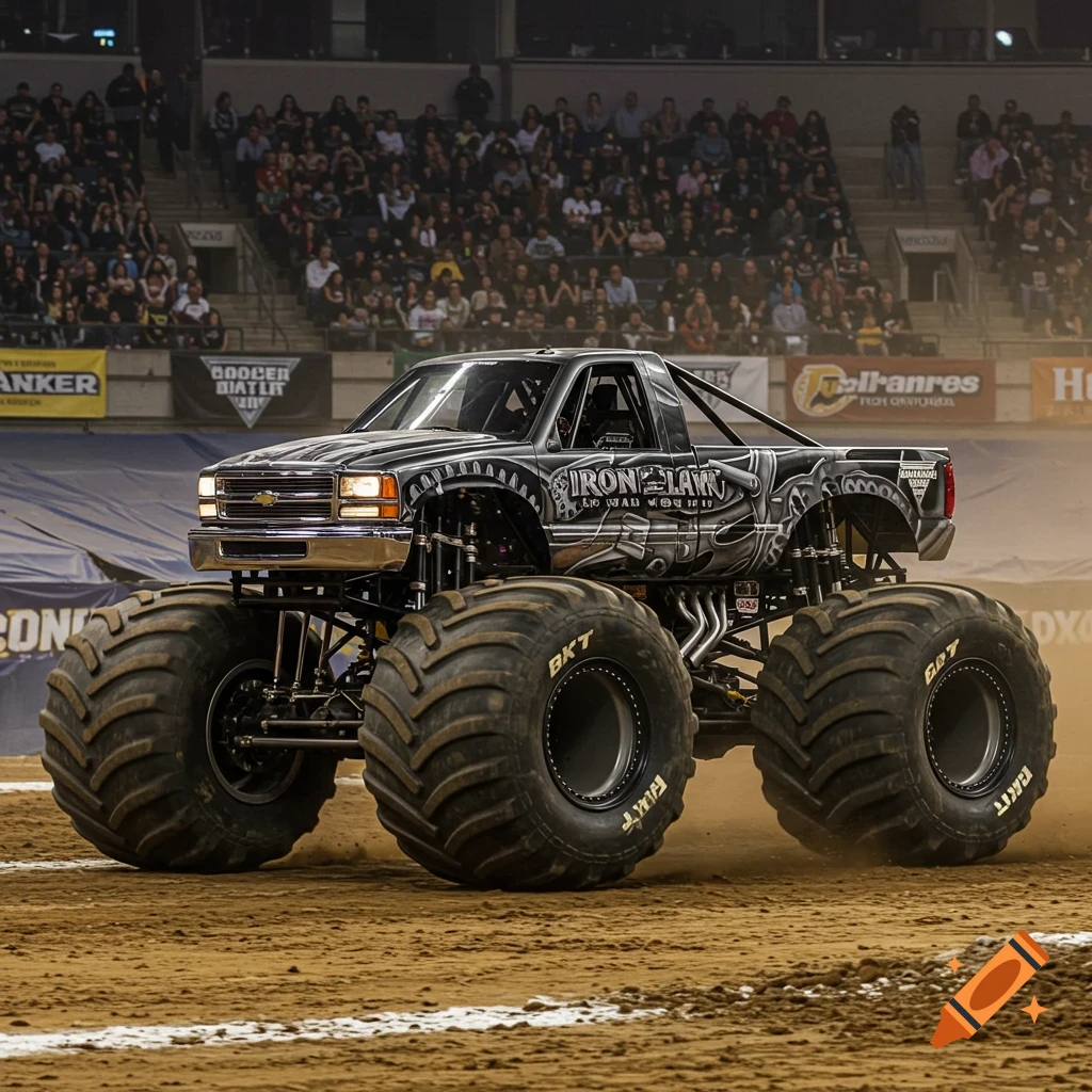A large monster truck with "IRON LAW" on its side drives on a dirt track in an arena full of spectators.