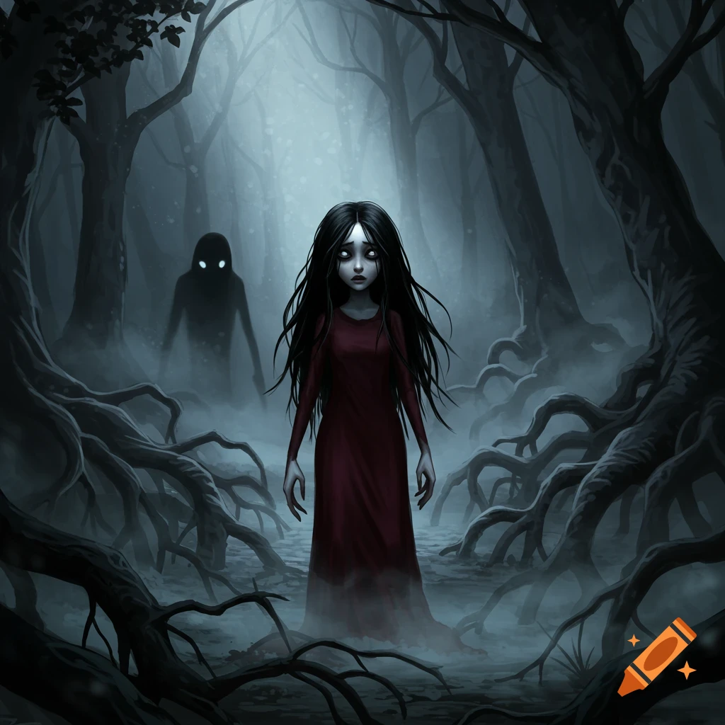 A ghostly girl with long black hair, white eyes, and a red dress stands in a dark, misty forest with a shadowy figure in the background.