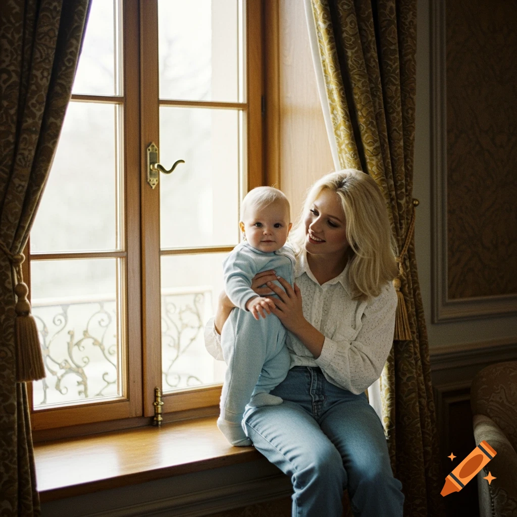 A blonde mother holds her baby on a window sill in a mansion, with ornate curtains. Vintage photorealistic style.