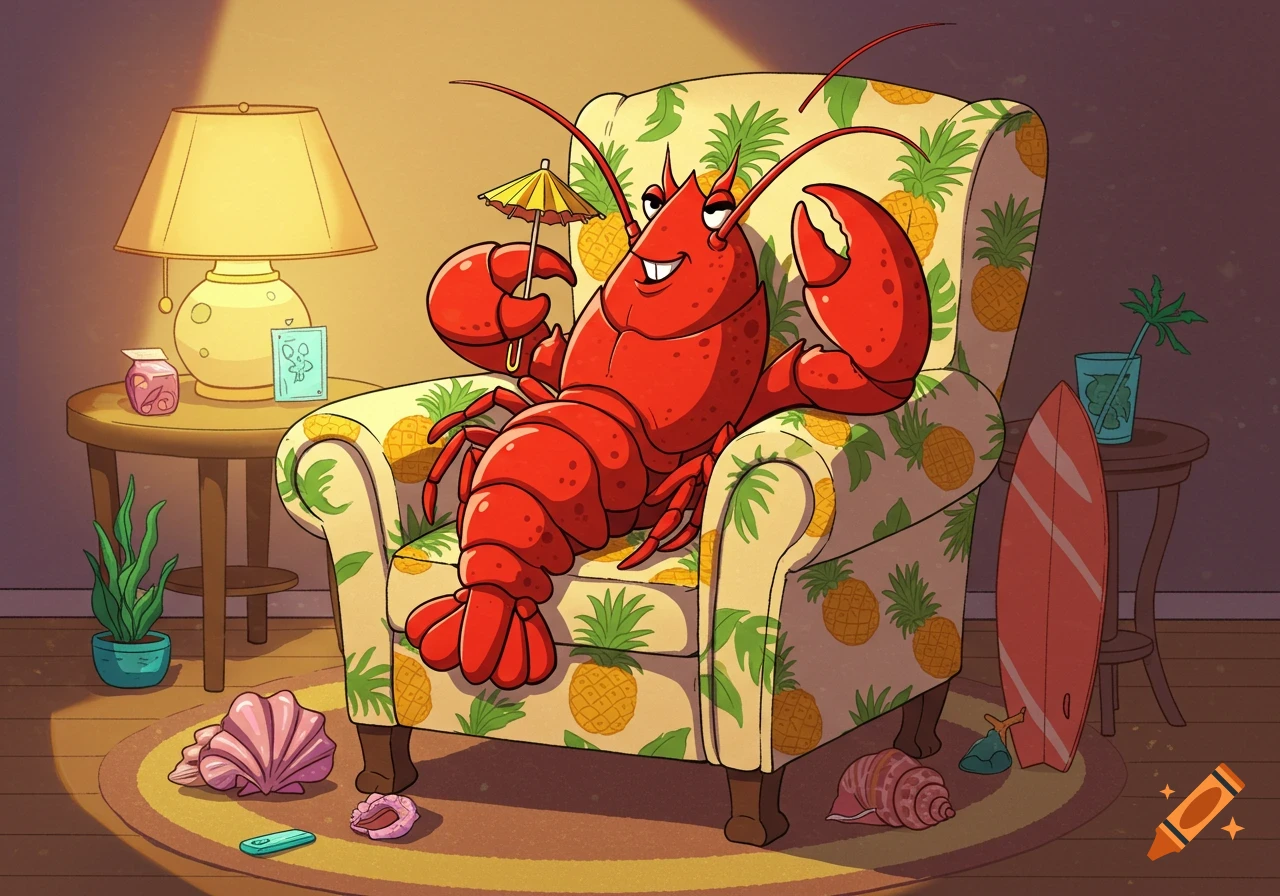 A happy, red cartoon lobster reclines in a pineapple-patterned armchair, holding a tiny umbrella drink. A lamp, surfboard, and seashells are nearby.