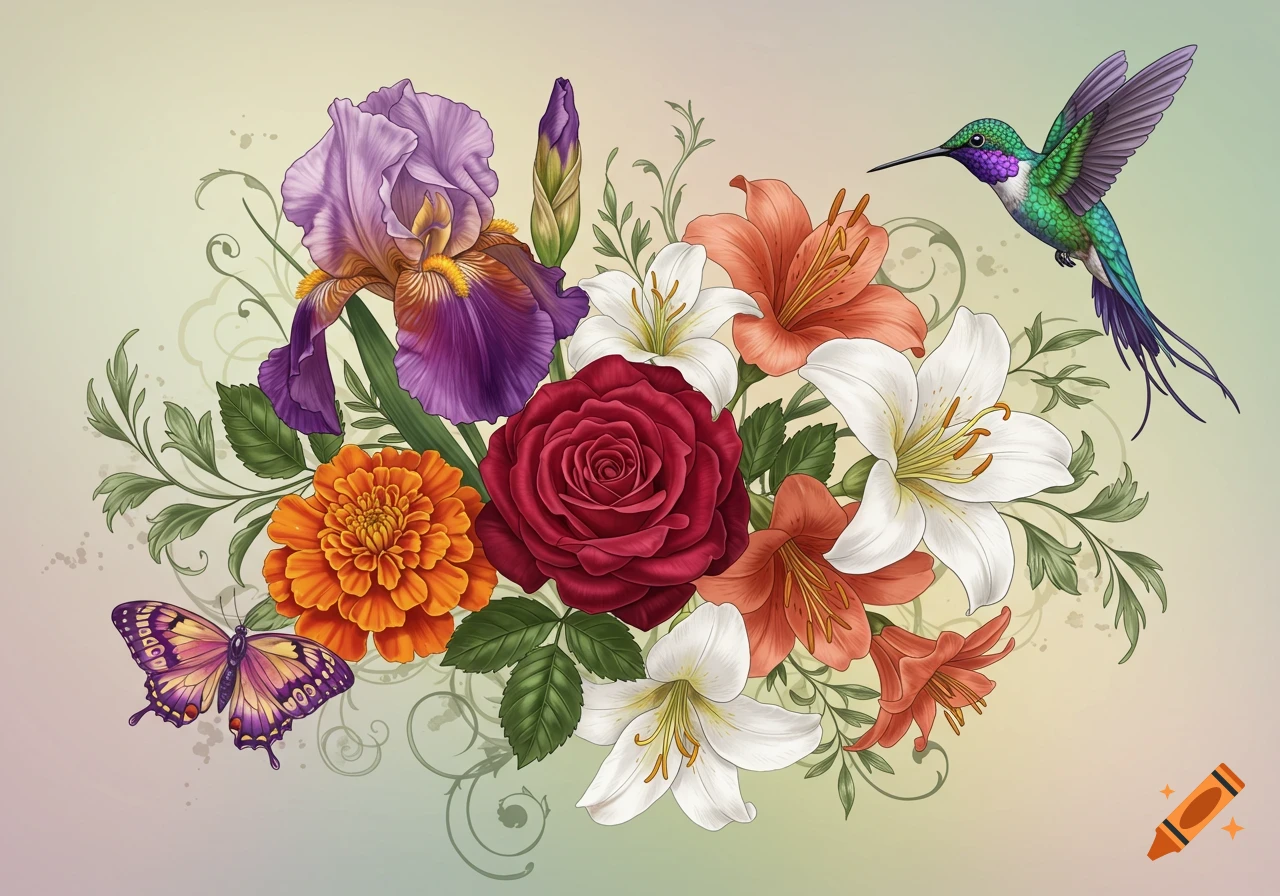 Colorful illustration of a flower bouquet featuring iris, roses, marigolds, and lilies, with a hummingbird and butterfly.
