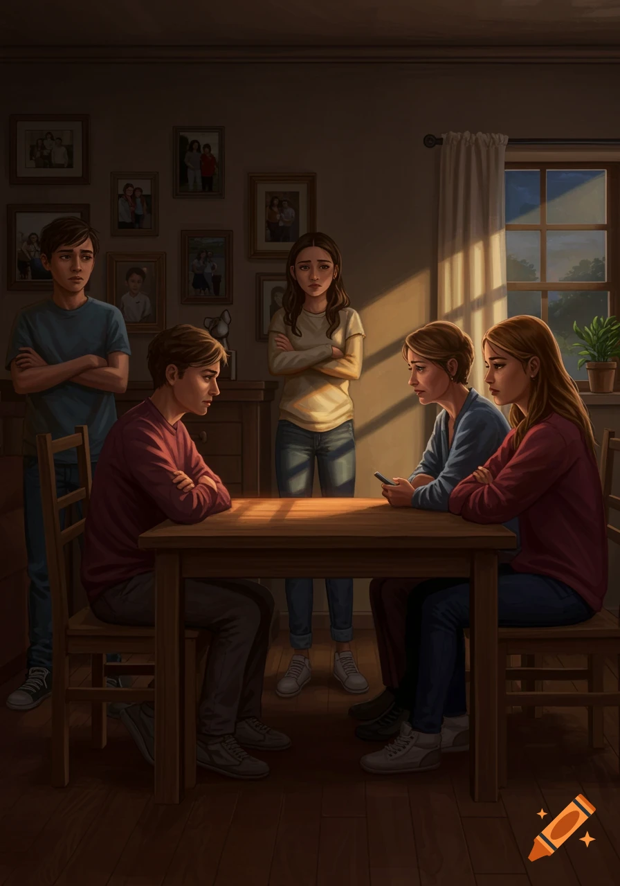 Five young adults, possibly a family, in a dimly lit room appear tense. Some have crossed arms, one holds a phone. Sunlight streams from a window.