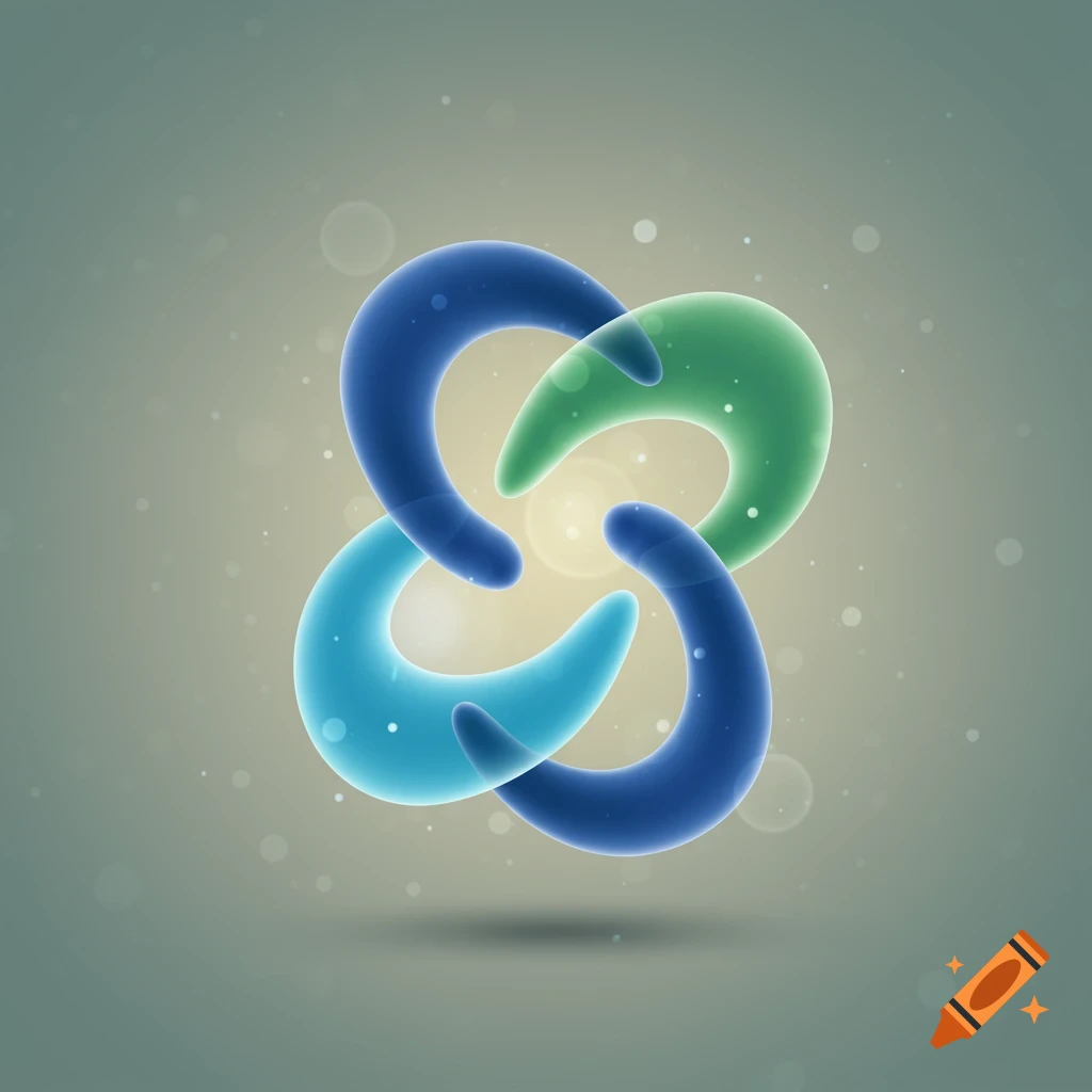Abstract glowing intertwined shapes in shades of blue and green, against a soft, light-speckled background.