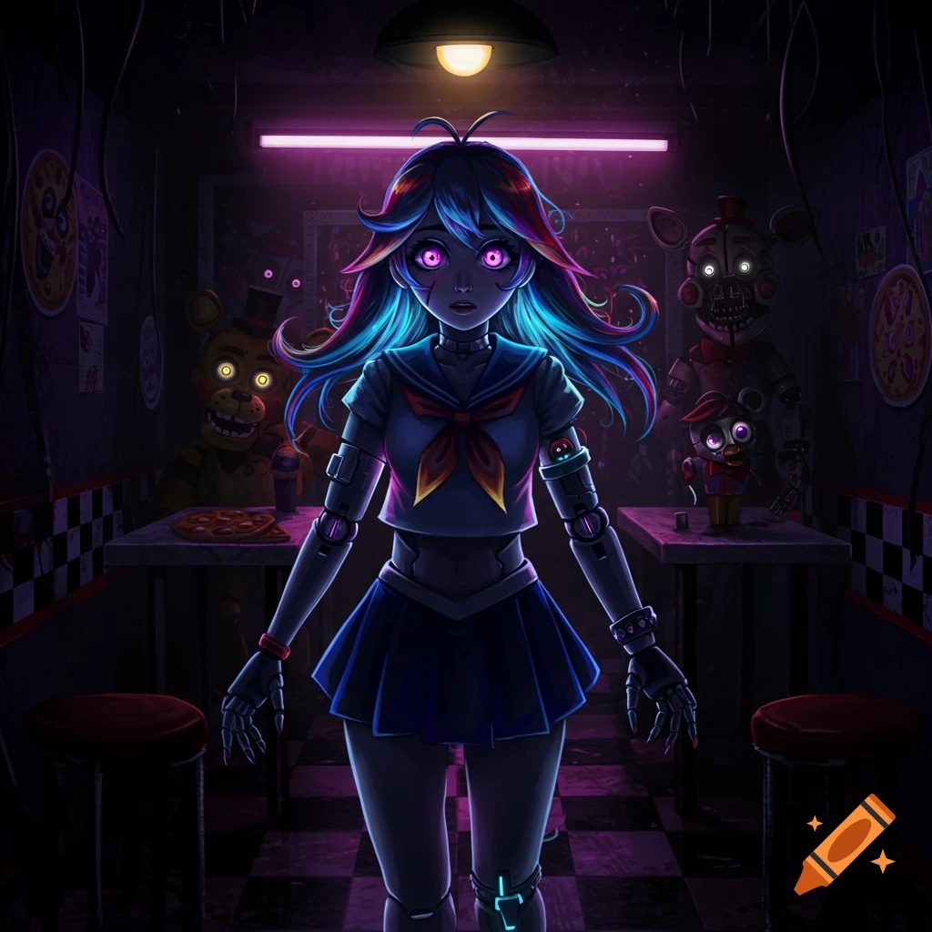 An anime-style robot girl with glowing purple eyes and colorful hair stands in a dark room with animatronics, resembling Five Nights at Freddy's.