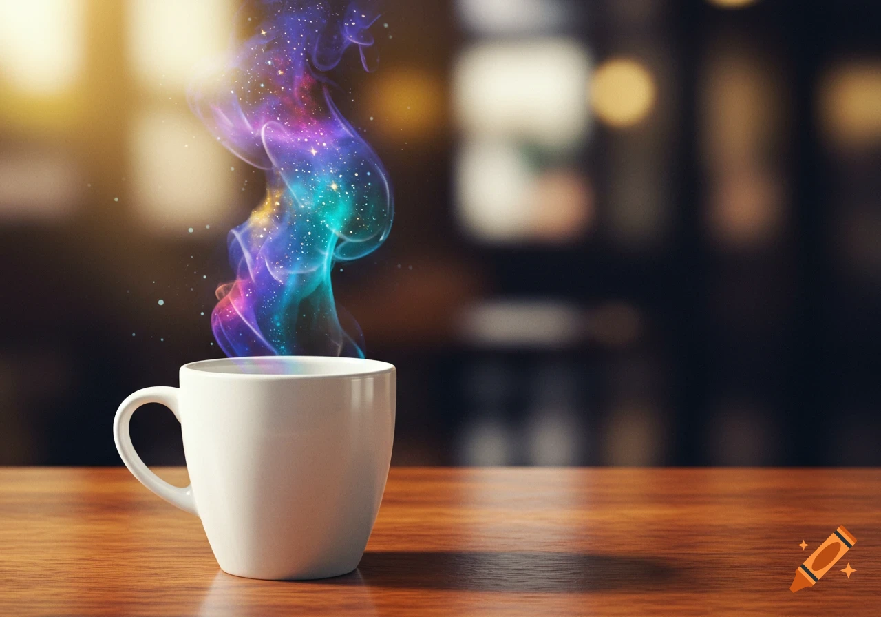 A white coffee mug on a wooden table with colorful, starry steam rising from it.