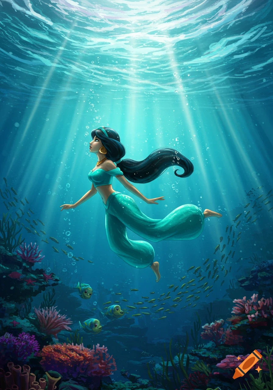 Princess Jasmine swims gracefully in a vibrant underwater scene with a coral reef, fish, and light rays shining from the surface.