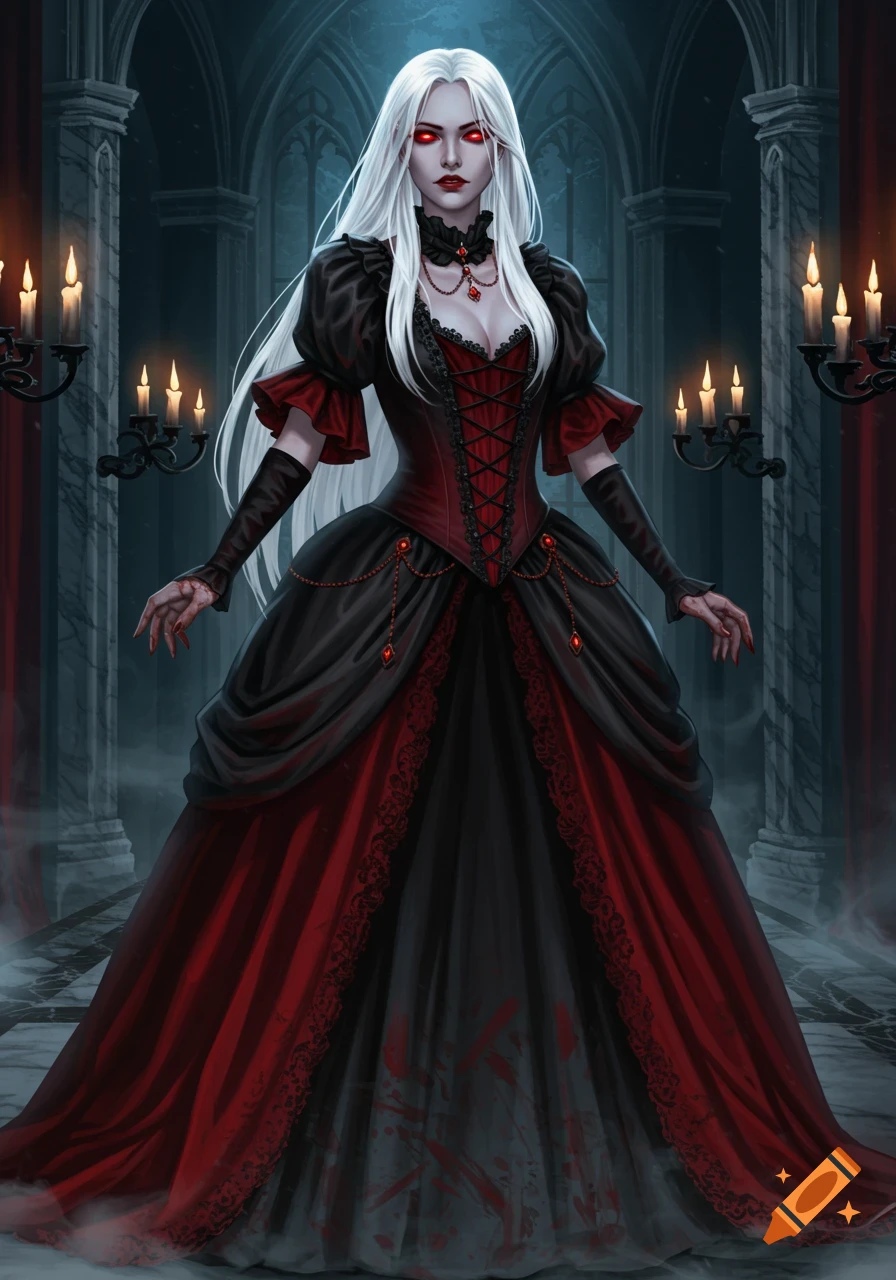 A gothic vampire woman with long white hair and red eyes stands in a dark, candlelit hall, wearing a black and red dress stained with blood.