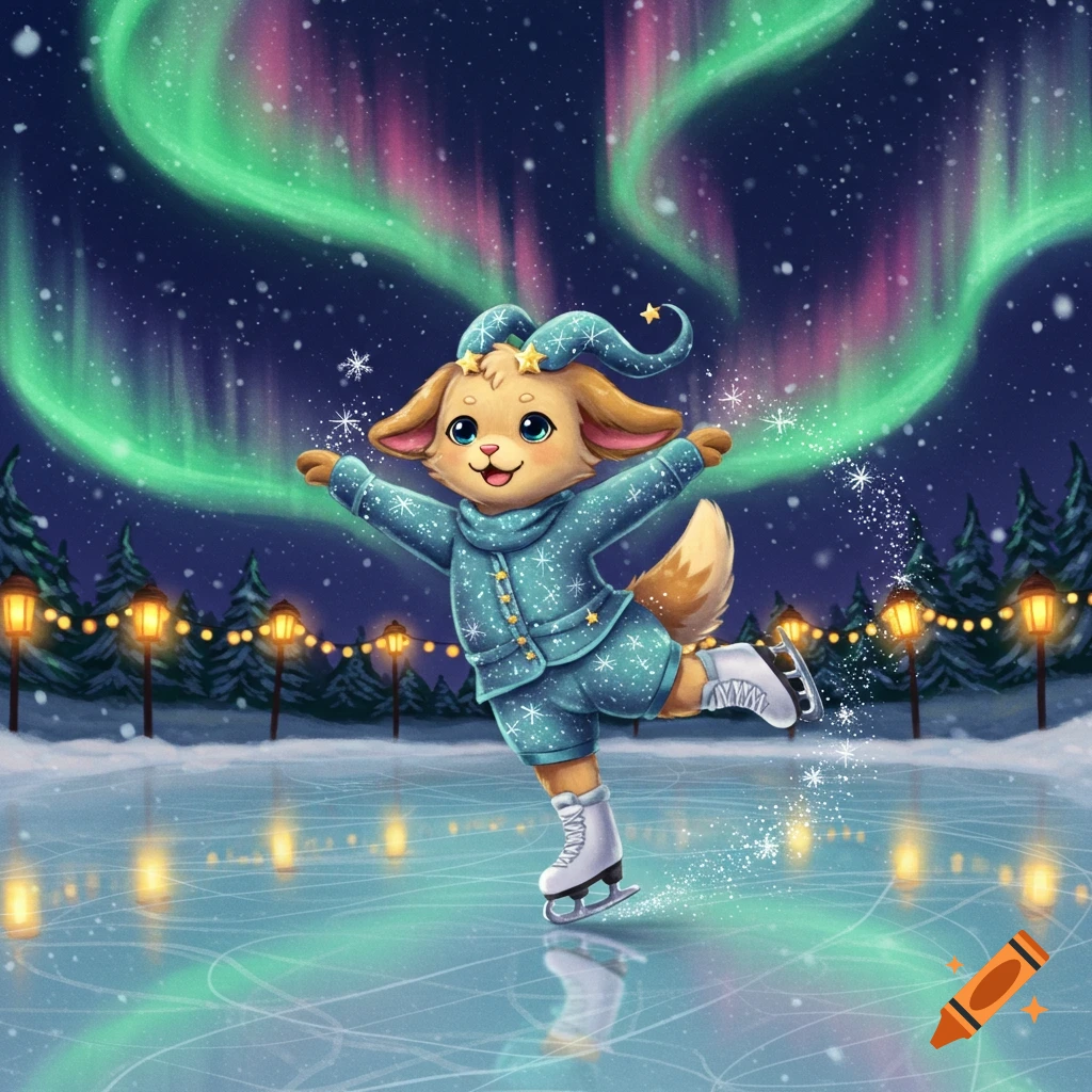 A cute animal character in a blue outfit ice skating on a rink under a vibrant aurora borealis sky at night.