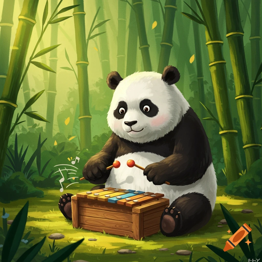 A cute cartoon panda sits in a bamboo forest, playing a colorful wooden xylophone with mallets, with musical notes floating around it.