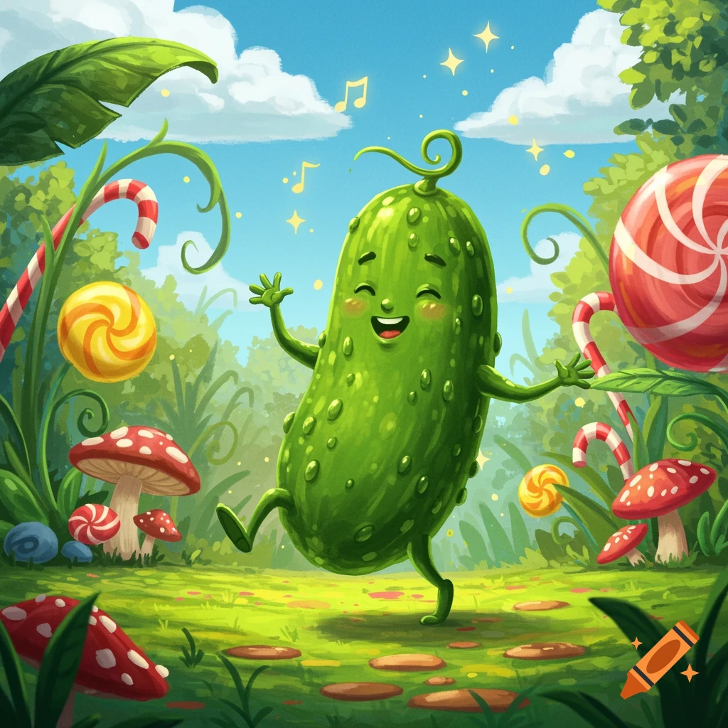 A happy cartoon pickle character dances in a whimsical candy land, surrounded by giant lollipops, candy canes, and red and white mushrooms under a blue sky.