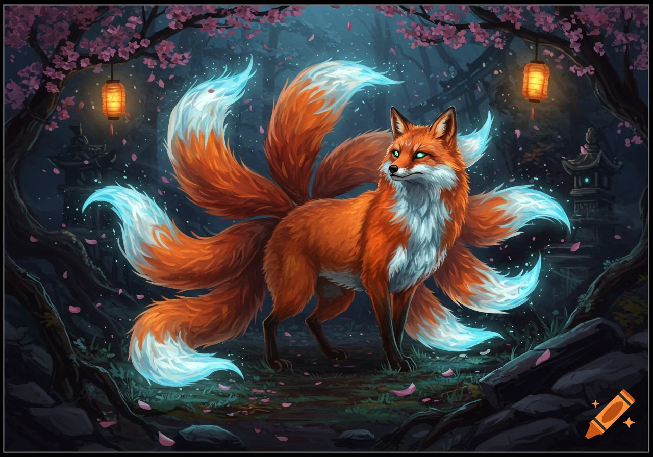 A stylized nine-tailed orange fox with glowing blue eyes and tail tips in a mystical forest with cherry blossoms and lanterns.