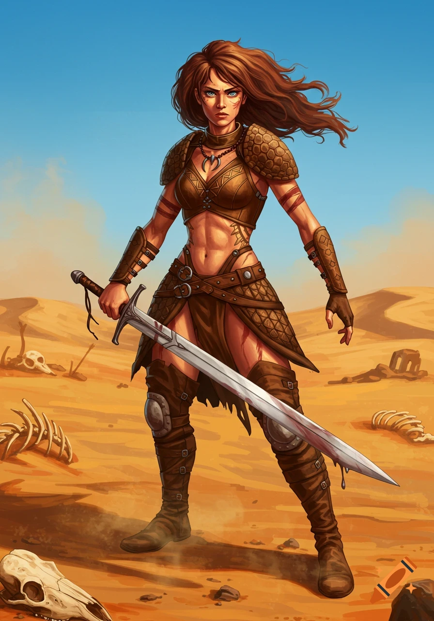 A red-haired female warrior in leather and scale armor stands in a desert with a bloody sword, surrounded by bones.