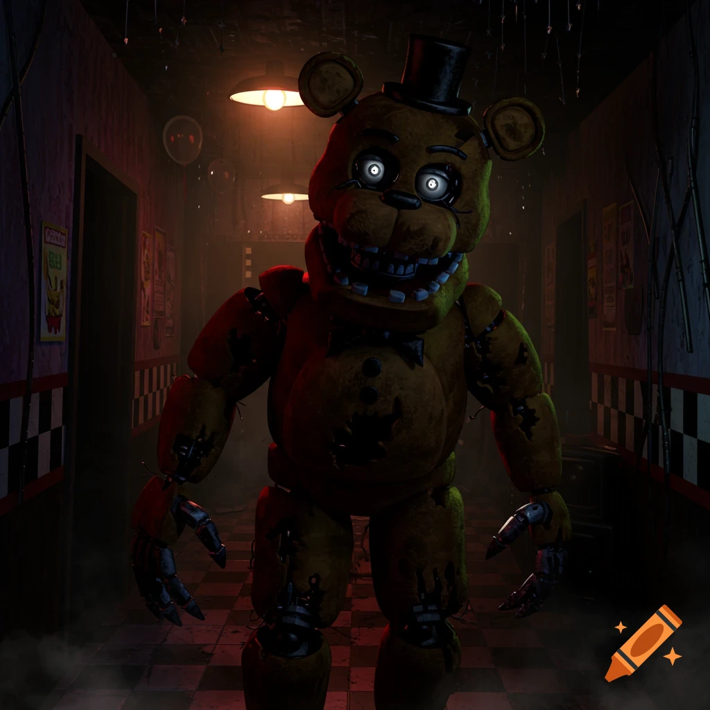 A menacing, damaged brown animatronic bear with glowing white eyes and a top hat stands in a dark, eerie hallway.