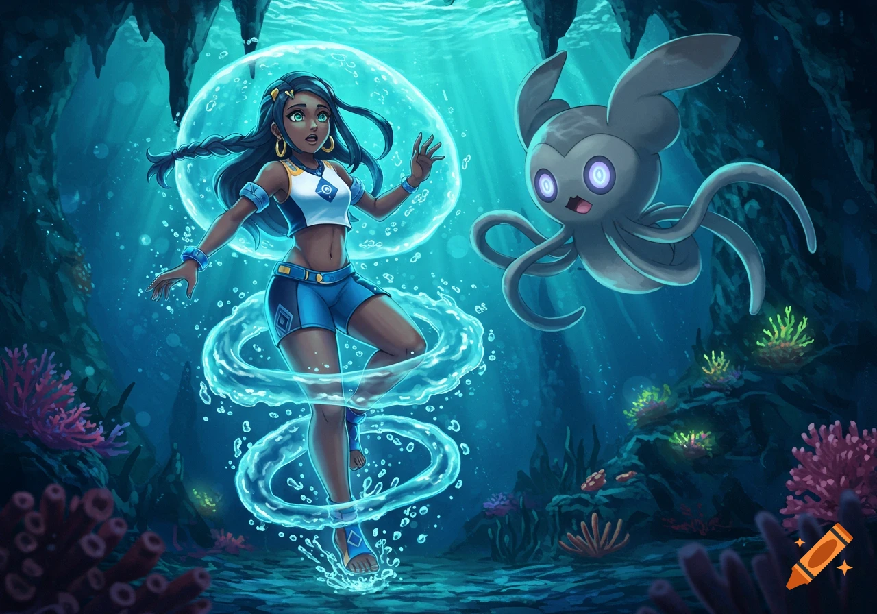 Nessa from Pokémon and a creature underwater in a vibrant, stylized art style.