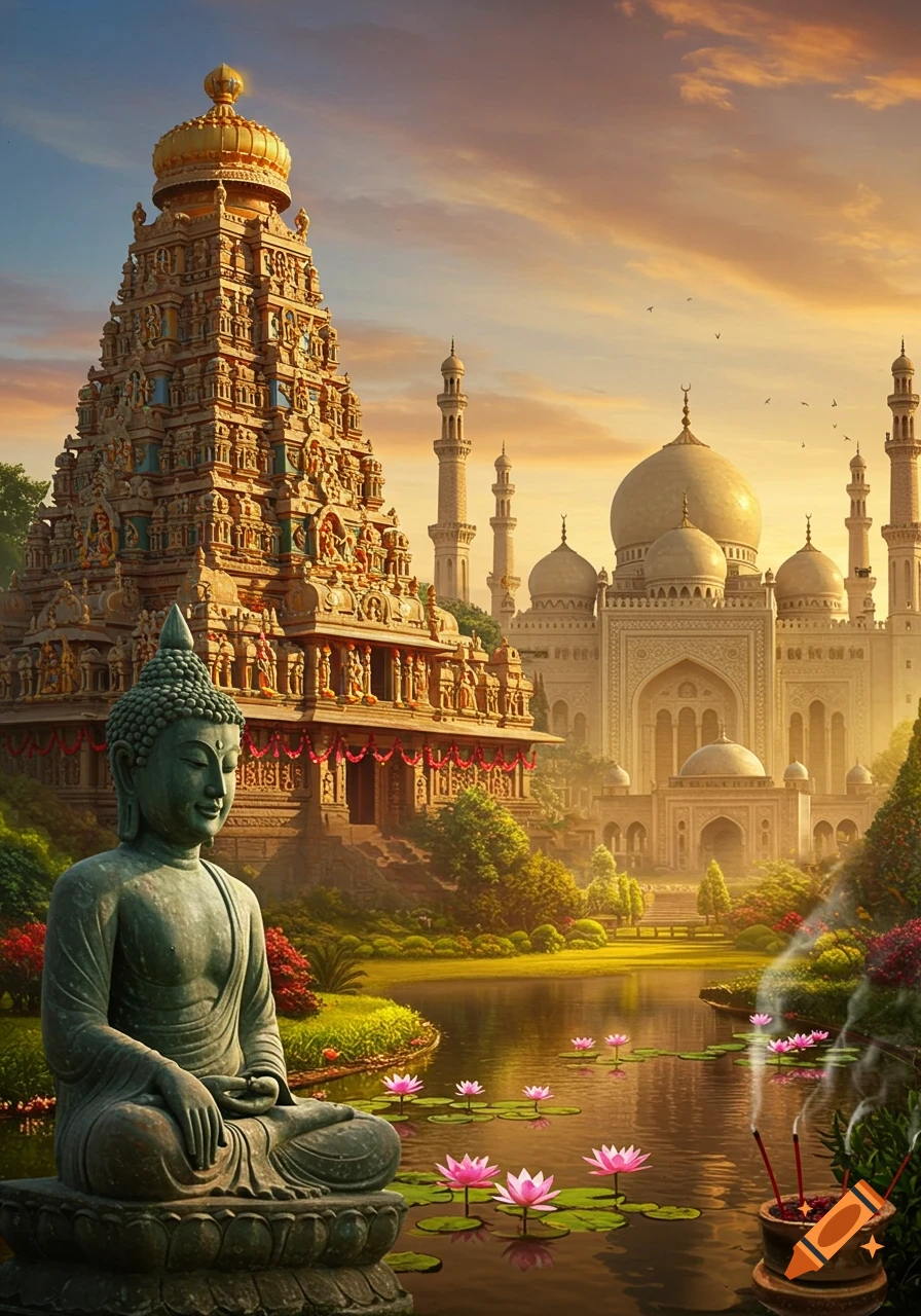 A Buddha statue, Hindu temple, and Islamic mosque harmoniously coexisting in a lush, spiritual landscape with a pond and lotus flowers at sunset.