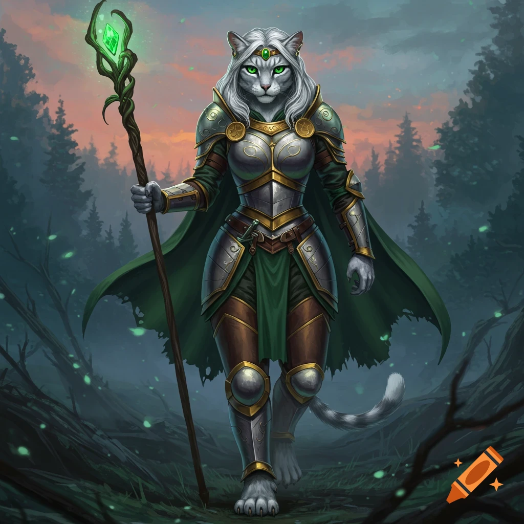 A female cat warrior with white fur and green eyes, wearing silver and green armor and a cape, stands in a forest holding a glowing green staff.