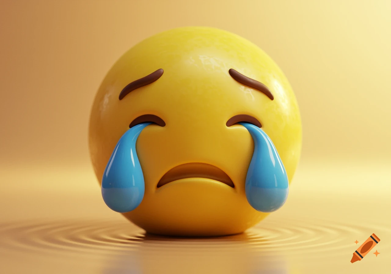 A yellow 3D emoji with tears streaming down its face, set against a warm yellow background with ripples.