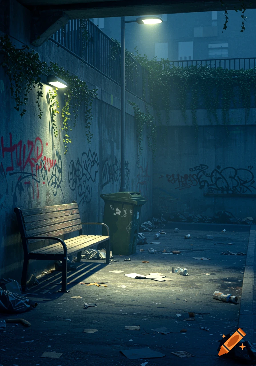 A dark, atmospheric urban alleyway at night, illuminated by a streetlamp and light fixtures, with a wooden bench, a green trash bin, and graffiti-covered walls. Litter is scattered on the ground.