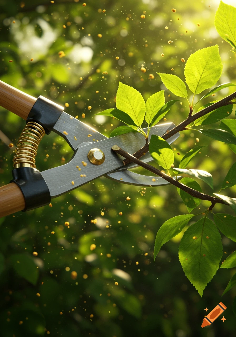 Close-up photorealistic shot of an anvil lopper cutting a green leafy branch, with golden particles in sunlit air.
