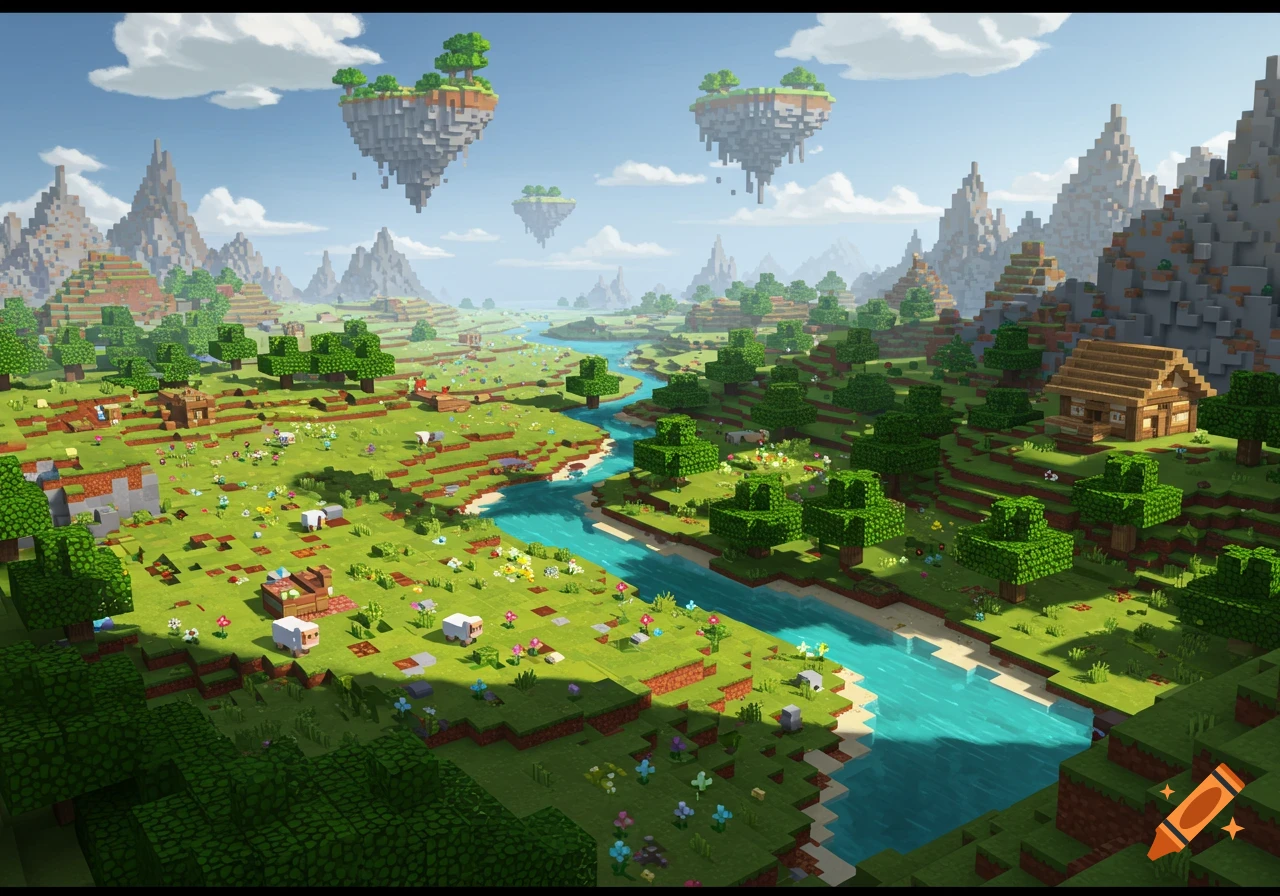 A blocky, vibrant Minecraft-style landscape with a river, hills, trees, small houses, sheep, and floating islands under a cloudy sky.