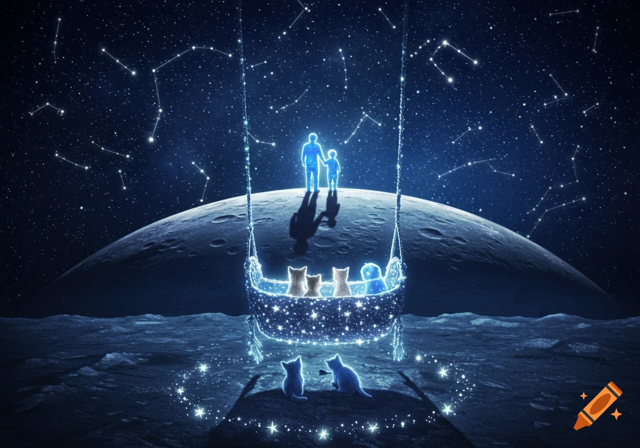 Glowing figures and cats on the moon under a starry sky with constellations, a magical, dreamlike scene.
