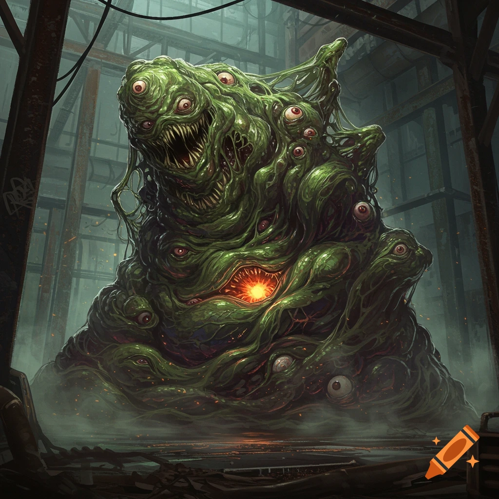 A grotesque green blob monster covered in multiple eyes and sharp teeth, glowing orange mouth, in a dark, misty industrial setting.