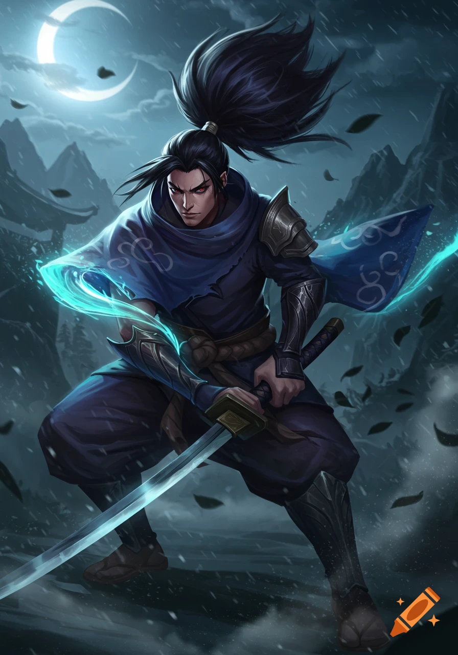 A male warrior with dark hair in a high ponytail, dressed in blue and dark armored attire, wielding a glowing sword under a crescent moon sky.
