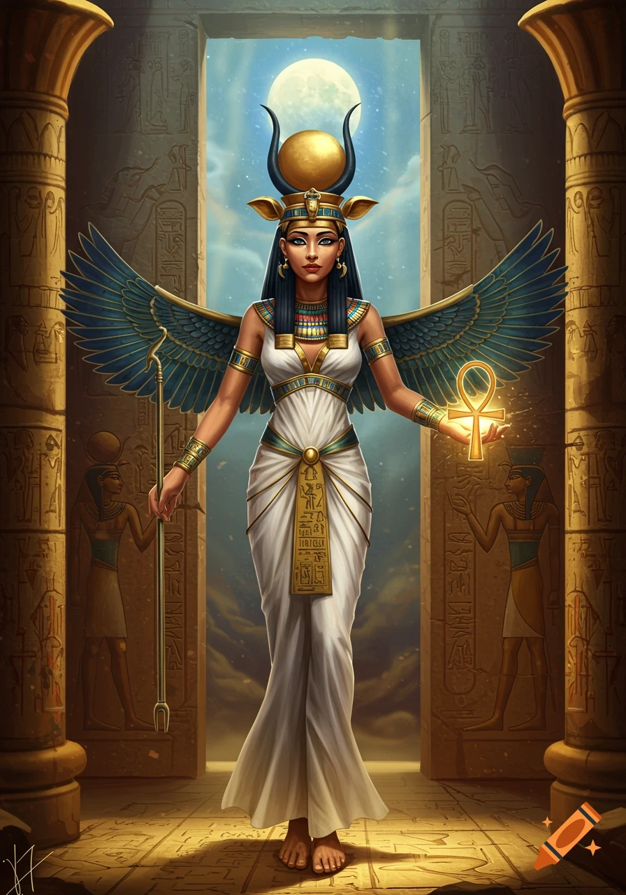 A winged goddess with a solar disk and horns on her head stands in an ancient Egyptian temple under a full moon, holding an ankh.