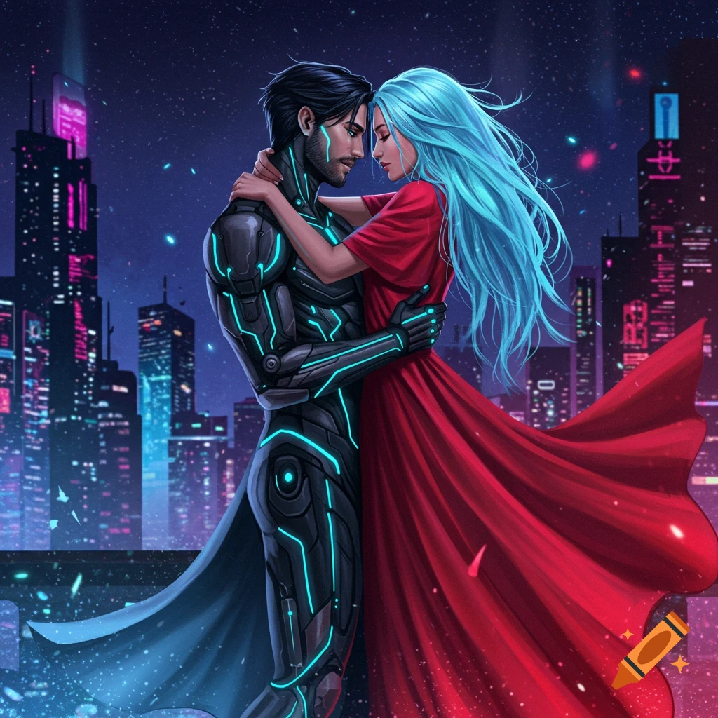 A man in a glowing sci-fi suit embraces a woman with light blue hair in a flowing red dress, with a futuristic city skyline at night.