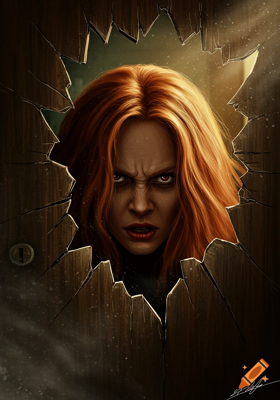 A furious red-haired woman with glowing red eyes stares menacingly through a shattered wooden door, digital art style.