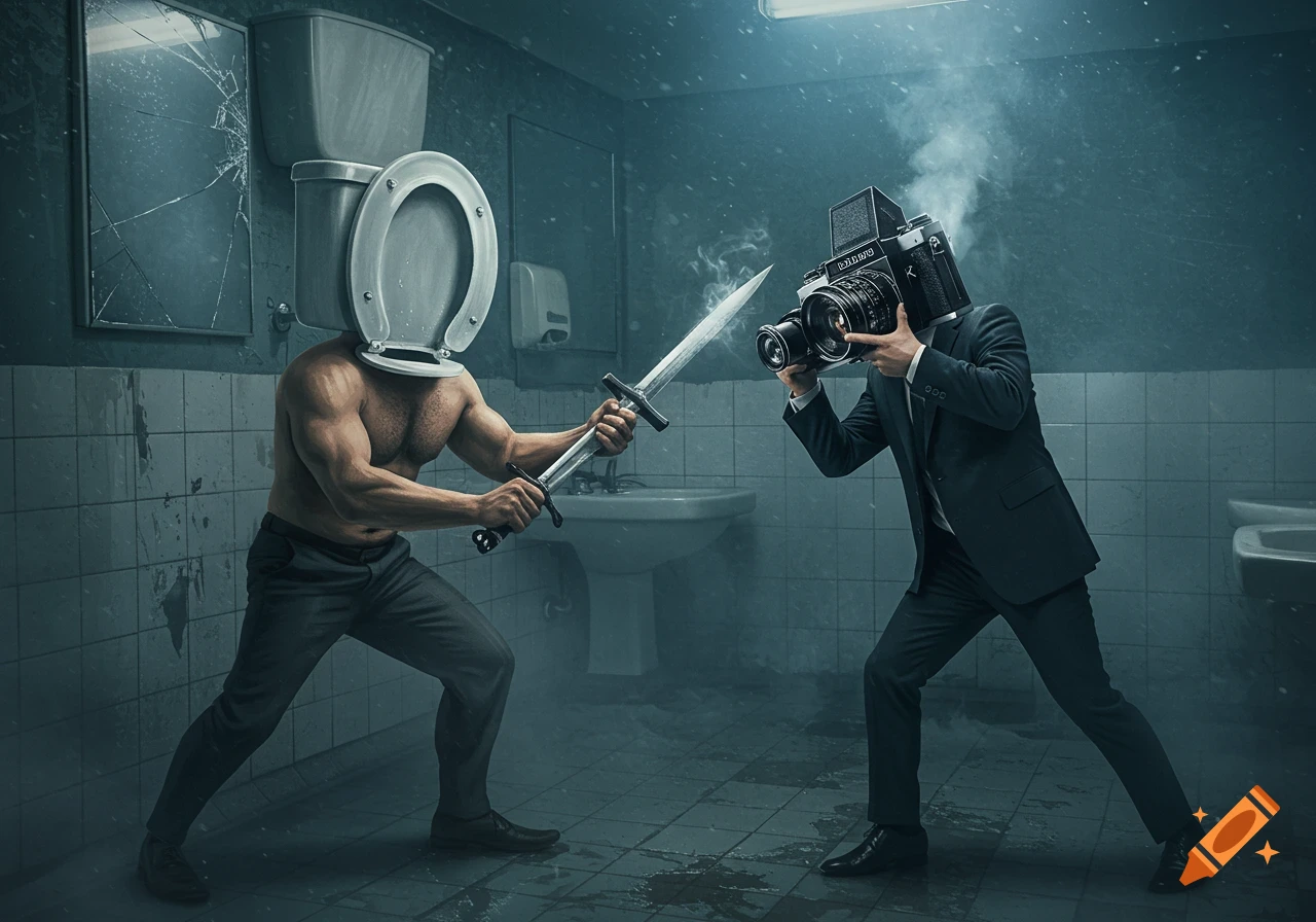 A muscled man with a toilet head wields a sword against a suited man with a camera head holding a sword, in a dark, grimy bathroom.