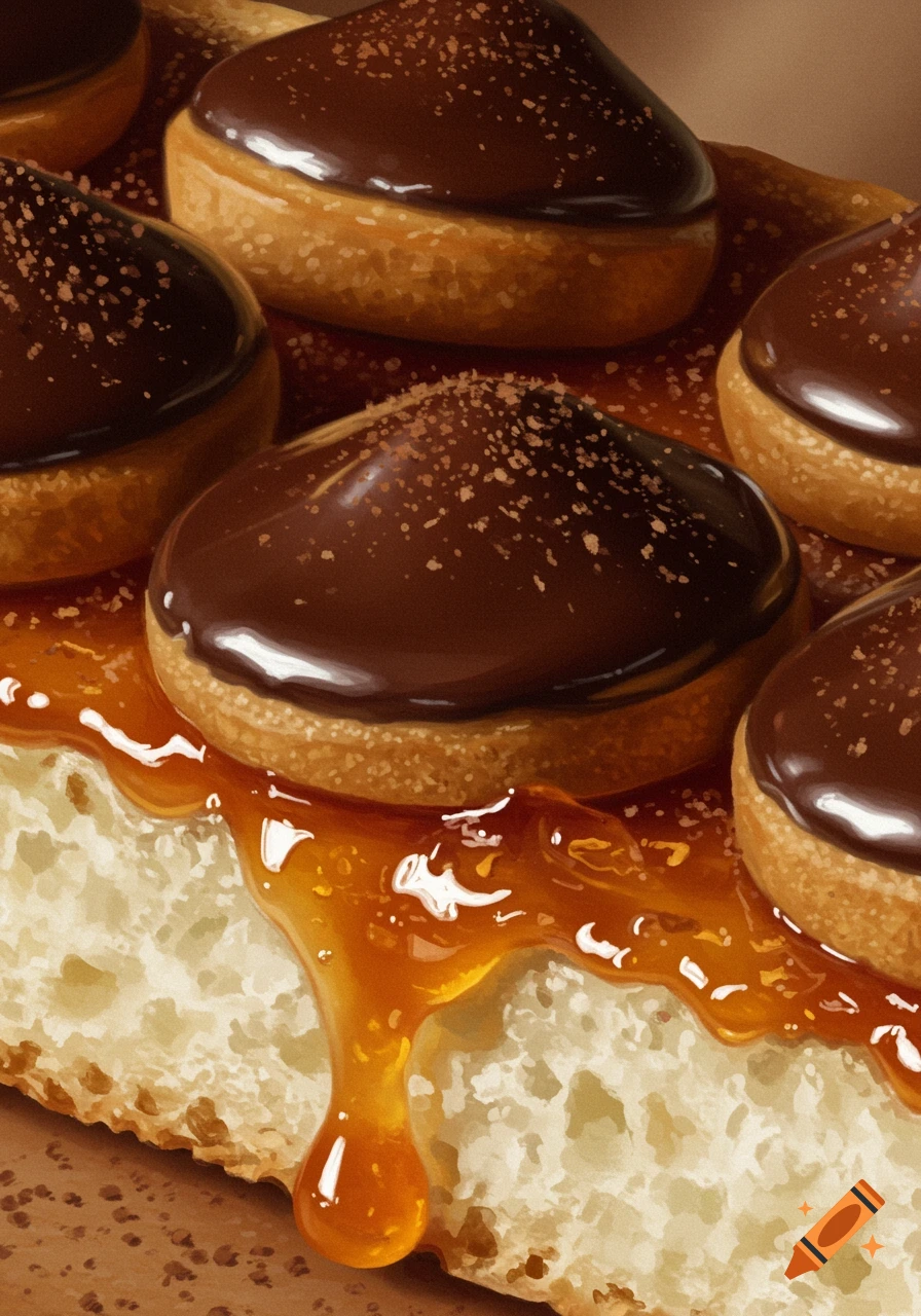 Close-up of chocolate-covered mini cakes with sprinkles on a slice of bread, with orange glaze dripping down the side.