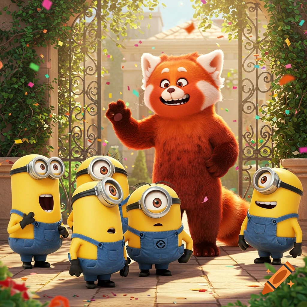 A joyful scene with the Red Panda from Turning Red waving, surrounded by several Minions, amidst falling confetti in a sunny garden. The style is 3D animation.