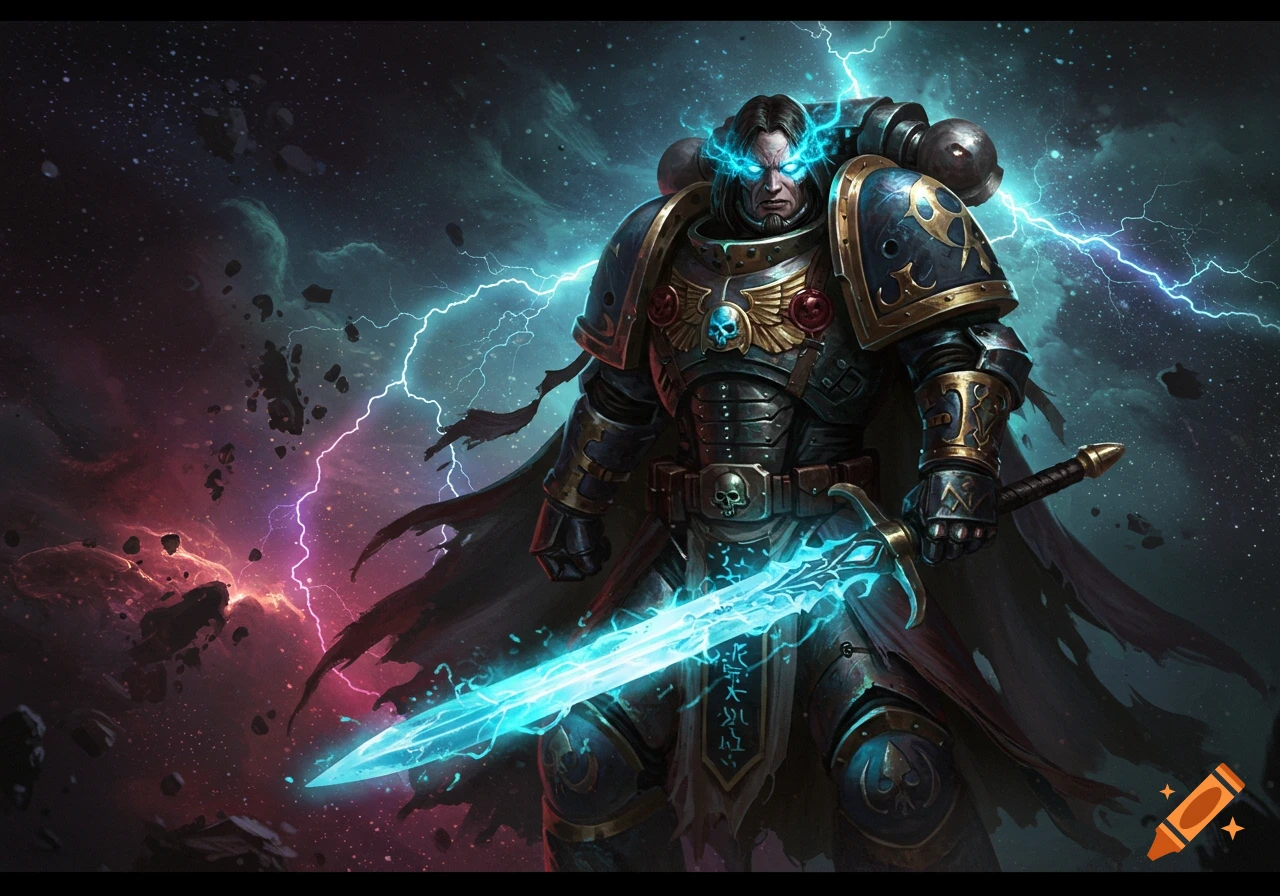 A powerful armored warrior with glowing eyes and a radiant sword stands amidst cosmic lightning and space debris, in a detailed digital painting.