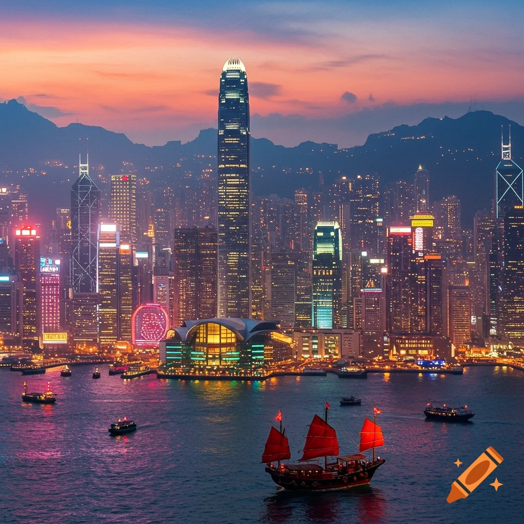 A vibrant Hong Kong cityscape at sunset with illuminated skyscrapers, a busy harbor, and traditional junks.