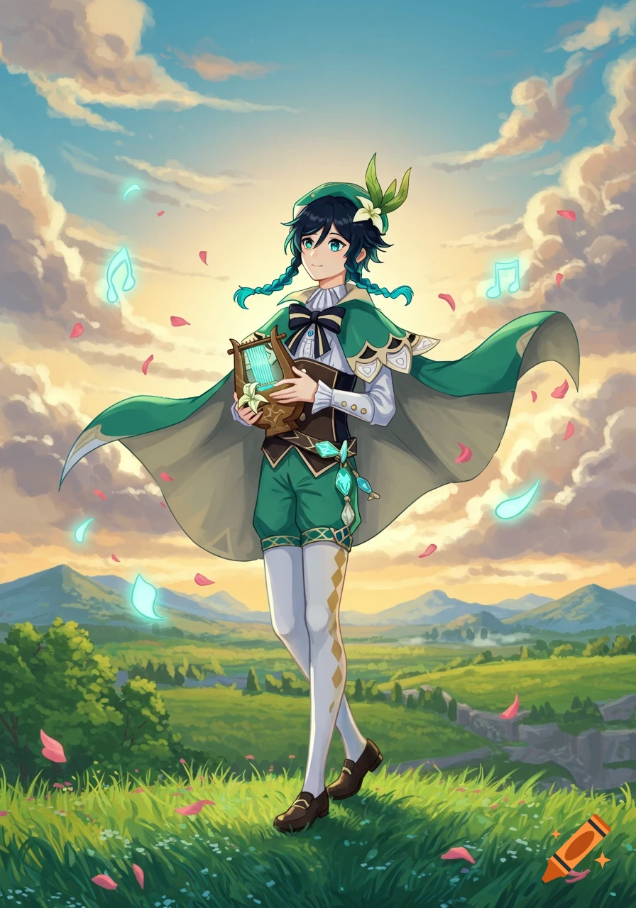 Anime illustration of Venti from Genshin Impact playing a lyre in a grassy field at sunset with floating musical notes.
