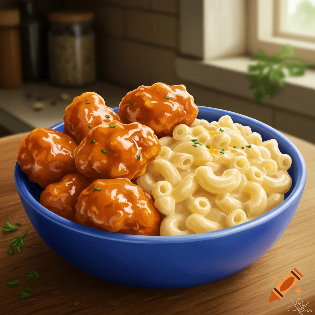 A blue bowl filled with orange buffalo chicken bites and creamy yellow macaroni and cheese on a wooden table.