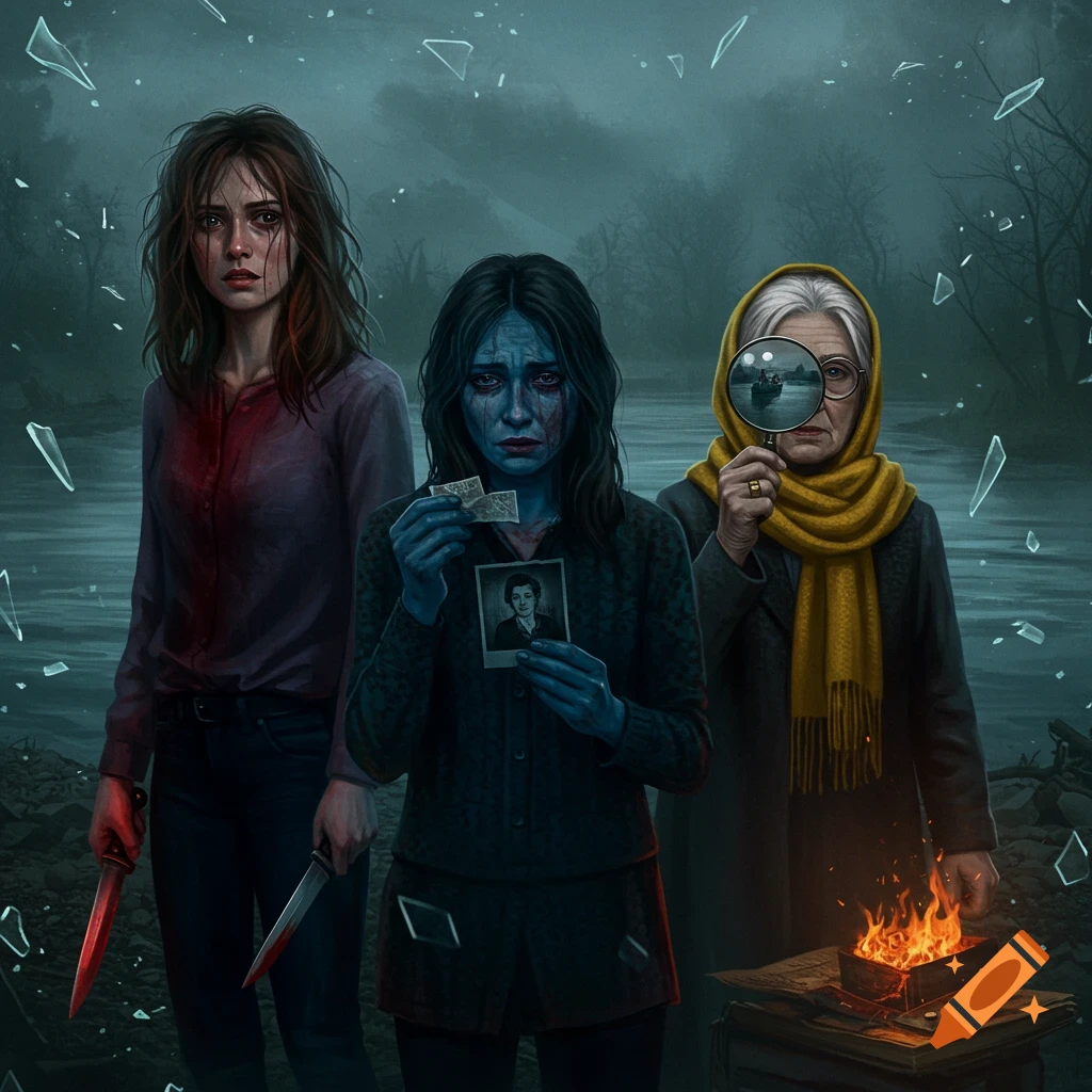 Three women in a dark psychological thriller scene: one bloody with a knife, one blue-skinned with a torn photo, and an elderly woman with a magnifying glass. Set by a foggy river with broken glass and a burning book.