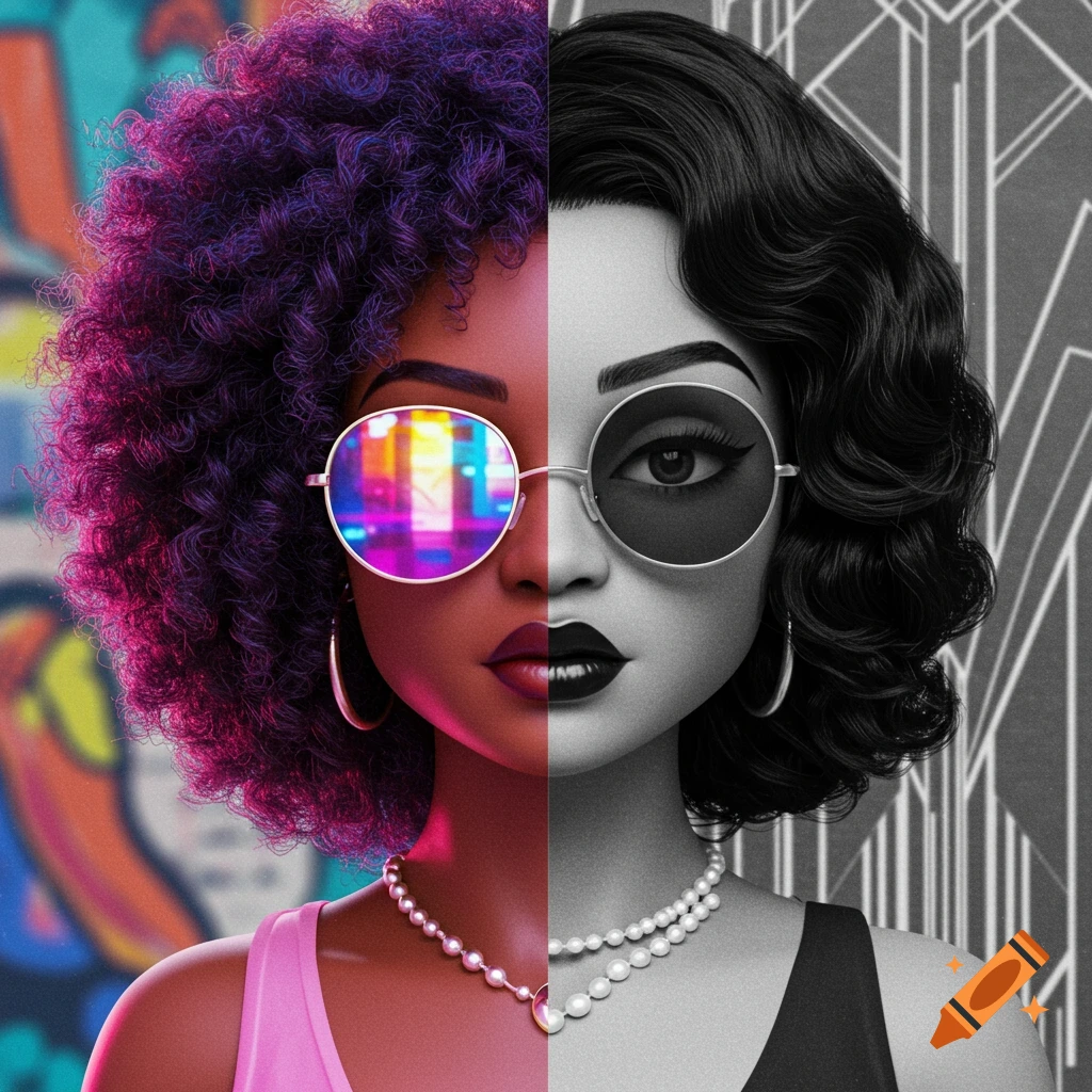A split portrait of a Black woman; left side colorful with curly purple hair and reflective sunglasses, right side black and white in 1920s style.