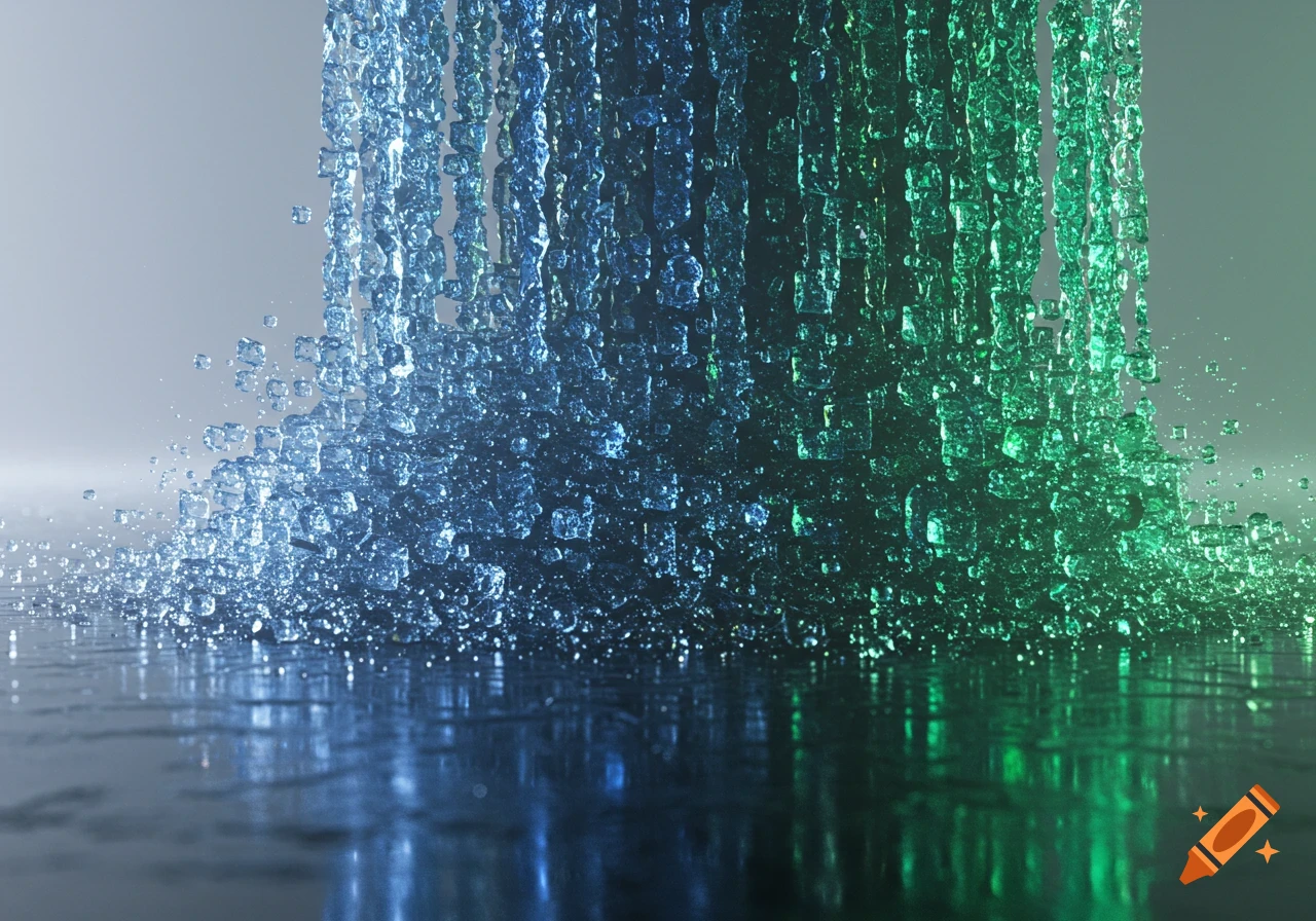 Blue and green pixelated liquid splashes and falls onto a reflective surface, creating an abstract digital art scene.