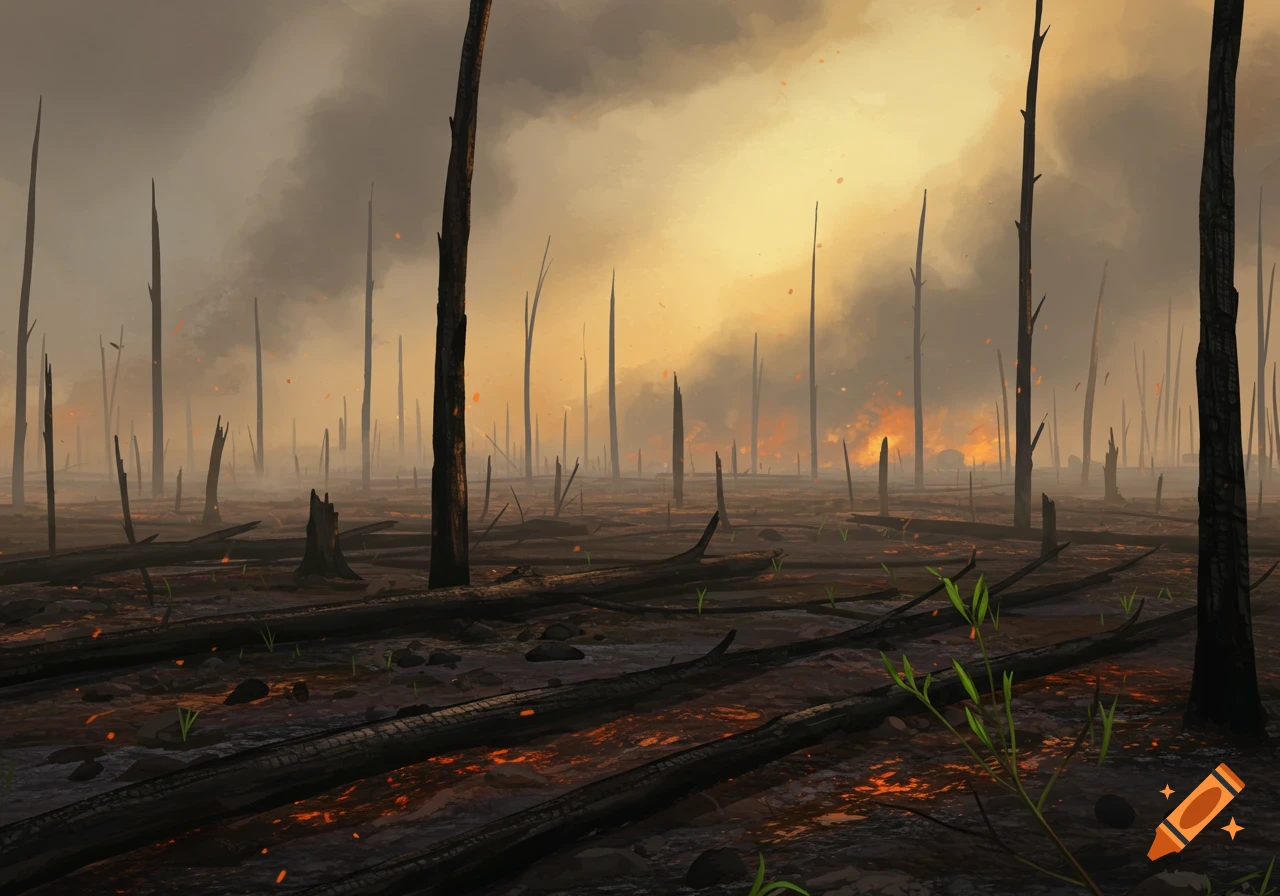 Digital painting of a post-bushfire landscape with charred trees, smoldering ground, smoke-filled sky, and sparse green sprouts.
