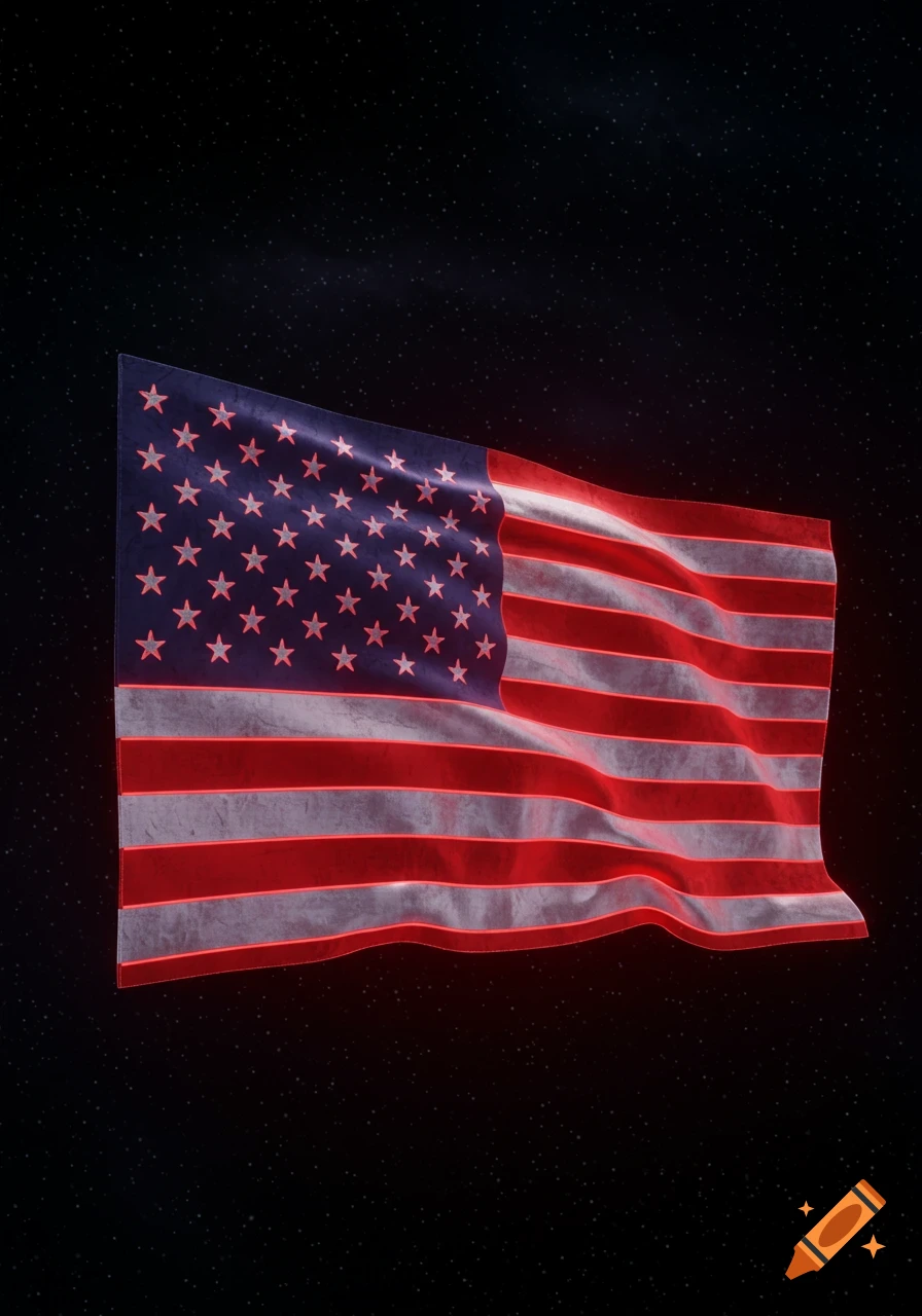 A futuristic American flag with silver, navy, and neon red details against a starry black background.