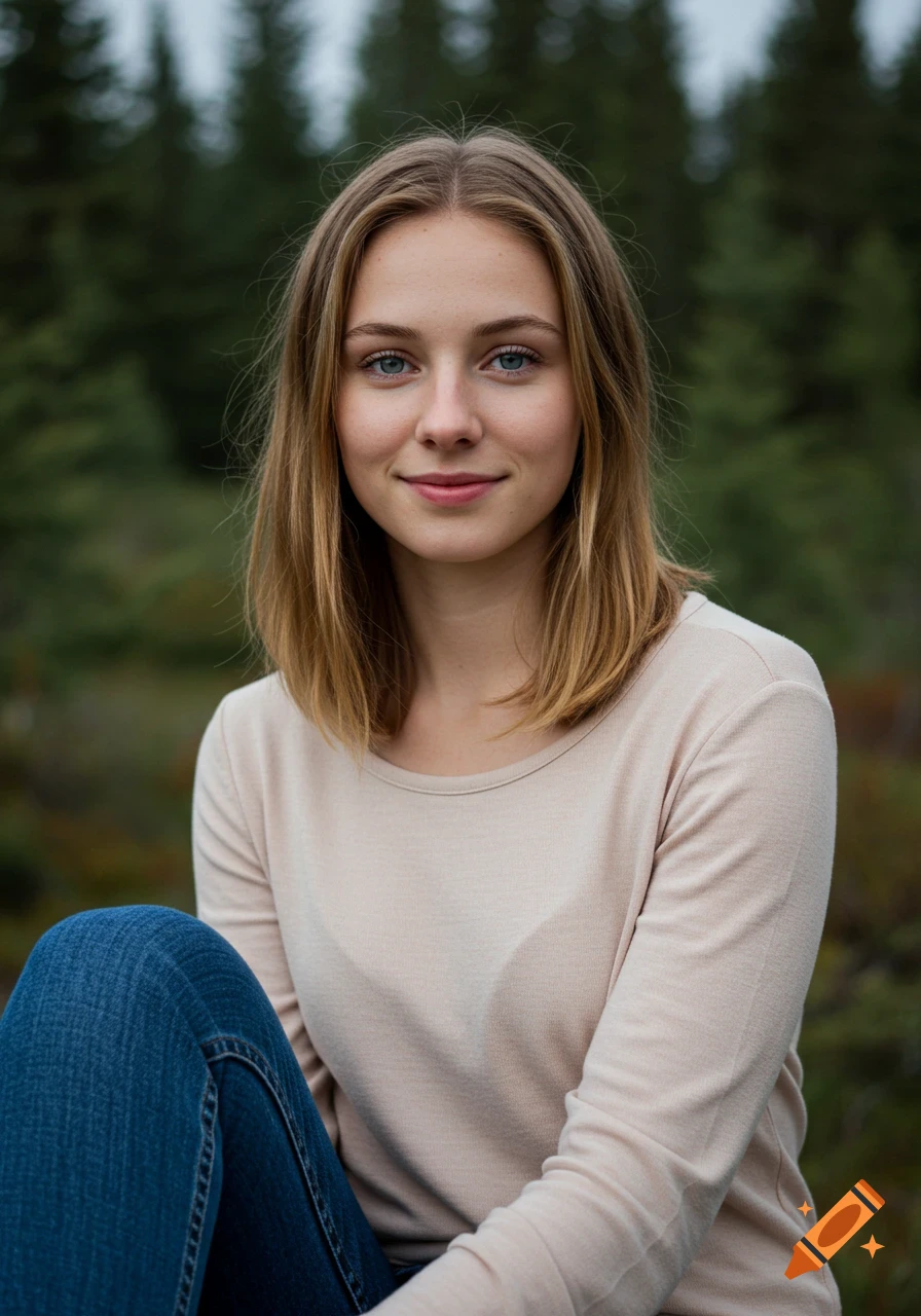 Photorealistic portrait of a young woman with light hair and blue eyes, subtly smiling outdoors with a blurred forest background.