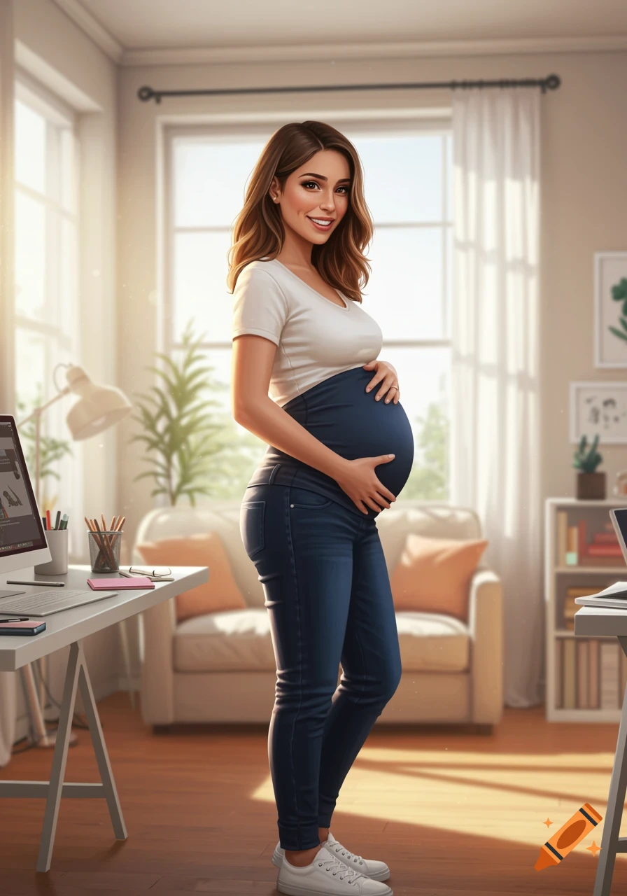 A smiling pregnant woman stands in a bright home office, holding her belly.
