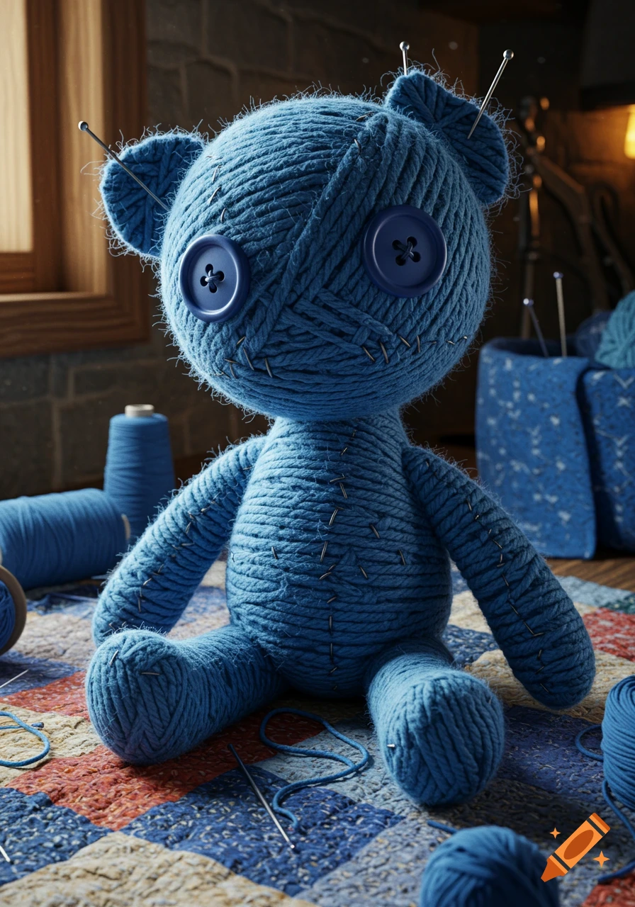 A blue ragdoll made of yarn with button eyes and sewing needles stuck in it sits on a patterned quilt surrounded by spools of blue yarn.