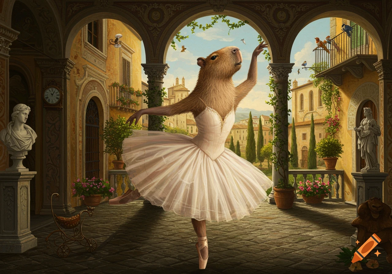 A capybara dressed as a ballerina on pointe in an ornate Italian courtyard with arches and lush greenery.